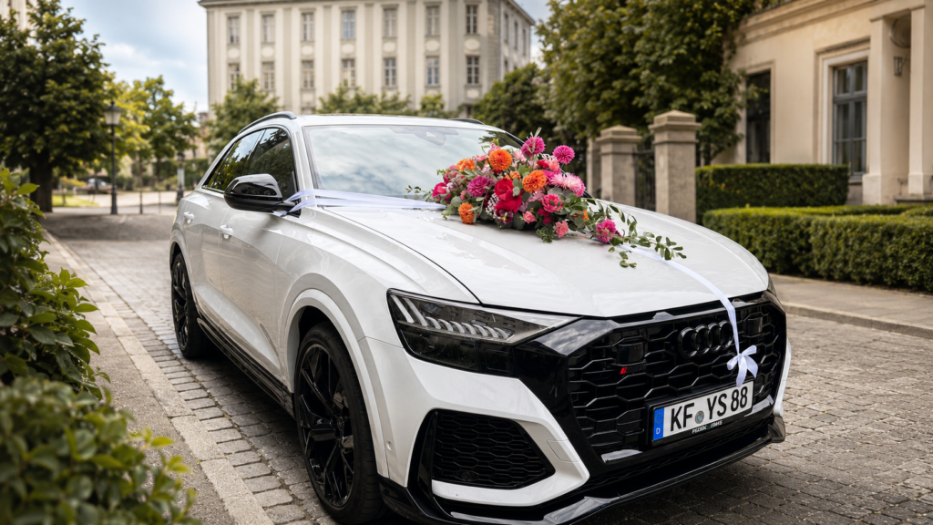 Weißer Audi RSQ8 als Hochzeitsauto mit Blumenschmuck in Kaufbeuren